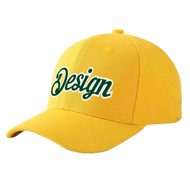 Custom Gold Green-White Curved Eaves Sport Design Baseball Cap