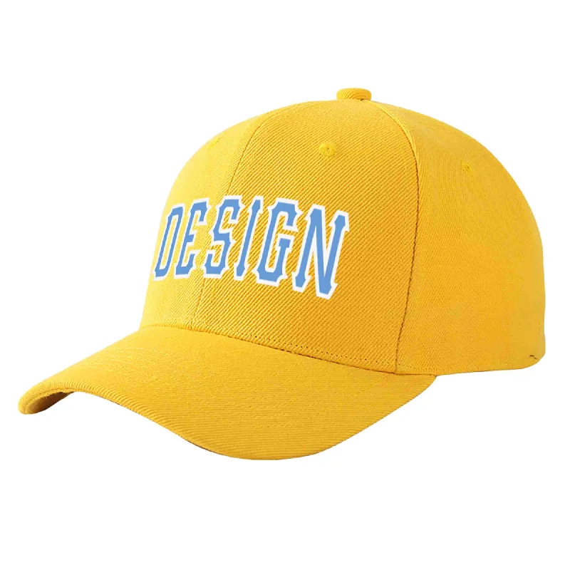 Custom Gold Light Blue-White Curved Eaves Sport Design Baseball Cap