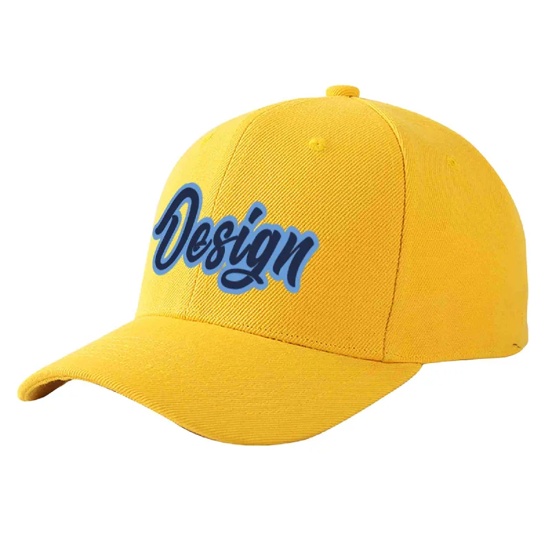 Custom Gold Navy-Light Blue Curved Eaves Sport Design Baseball Cap