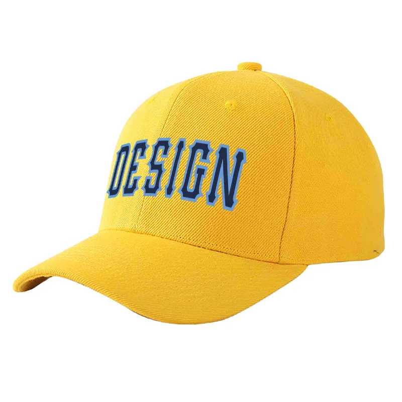 Custom Gold Navy-Light Blue Curved Eaves Sport Design Baseball Cap