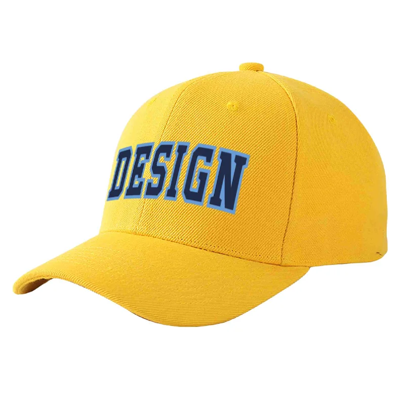 Custom Gold Navy-Light Blue Curved Eaves Sport Design Baseball Cap