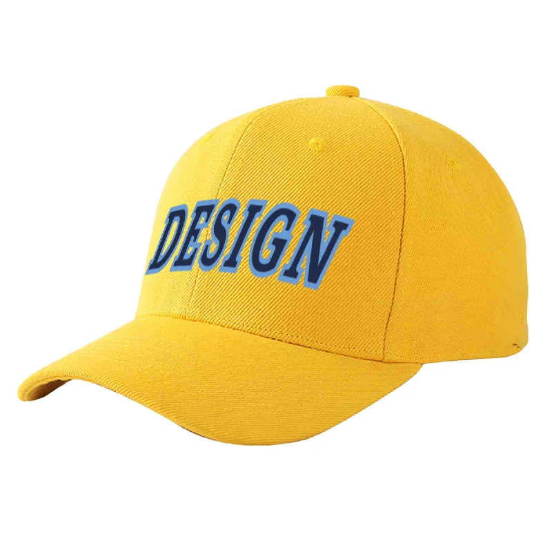 Custom Gold Navy-Light Blue Curved Eaves Sport Design Baseball Cap