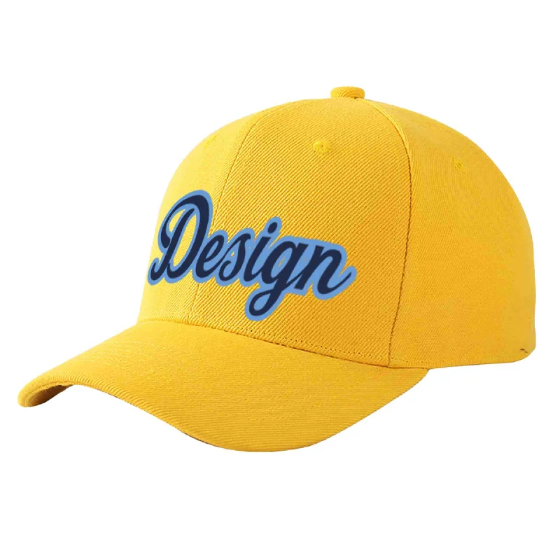 Custom Gold Navy-Light Blue Curved Eaves Sport Design Baseball Cap