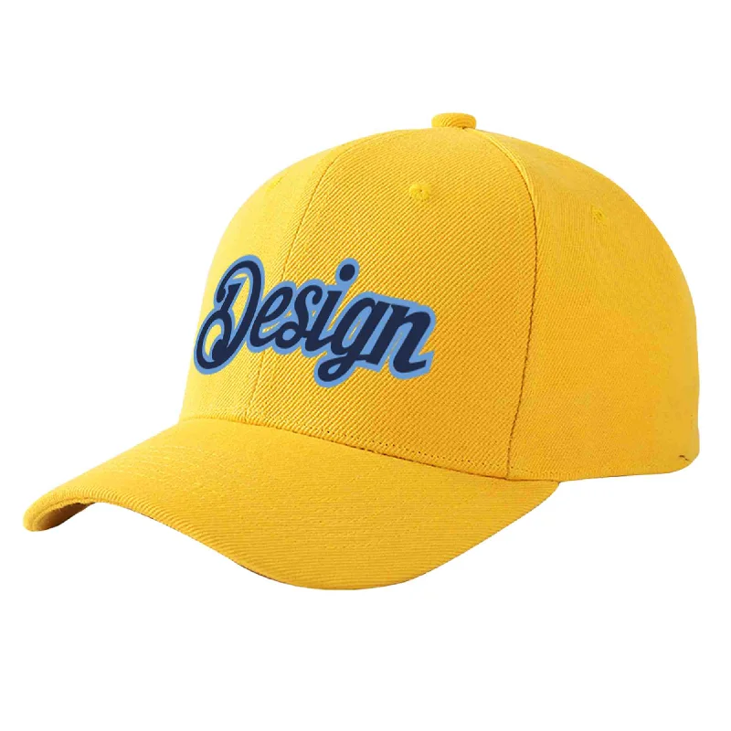 Custom Gold Navy-Light Blue Curved Eaves Sport Design Baseball Cap