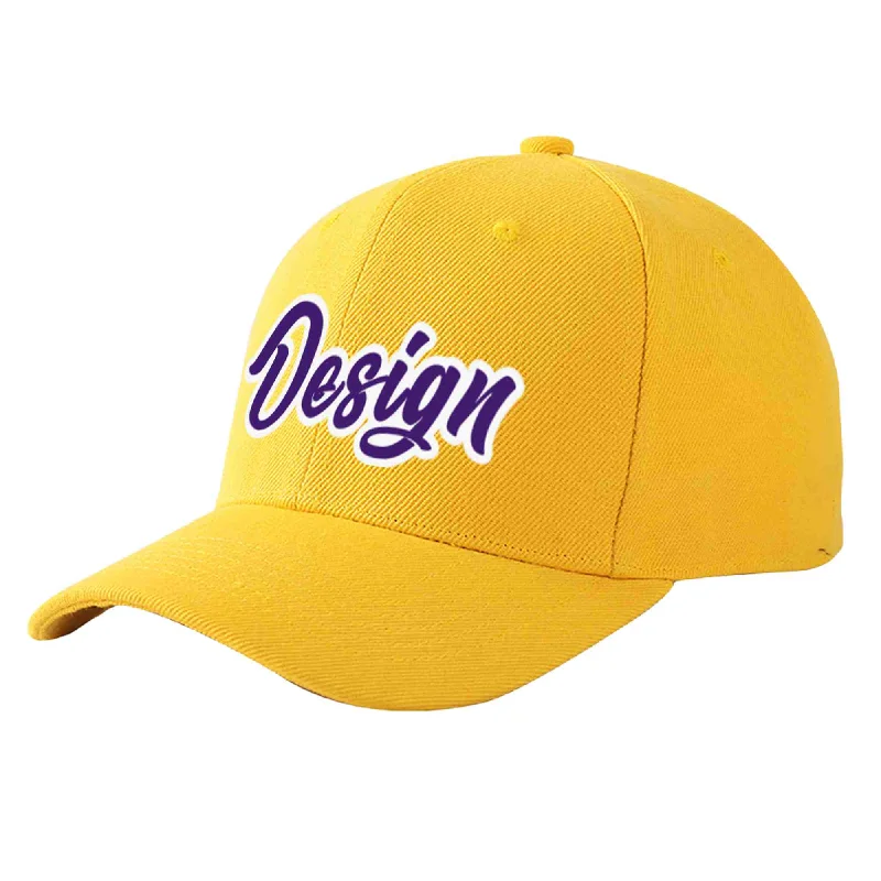 Custom Gold Purple-White Curved Eaves Sport Design Baseball Cap