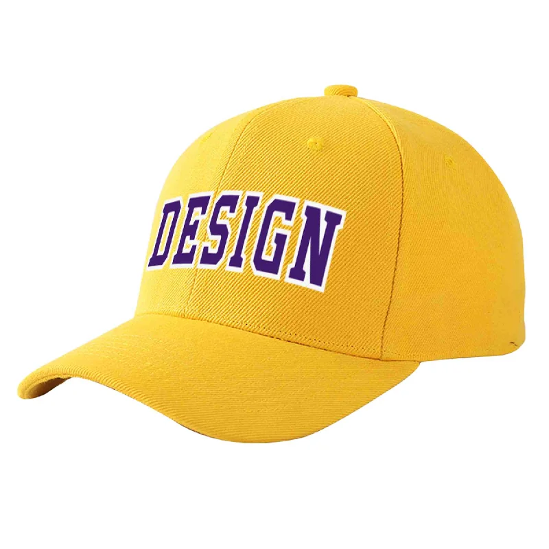 Custom Gold Purple-White Curved Eaves Sport Design Baseball Cap