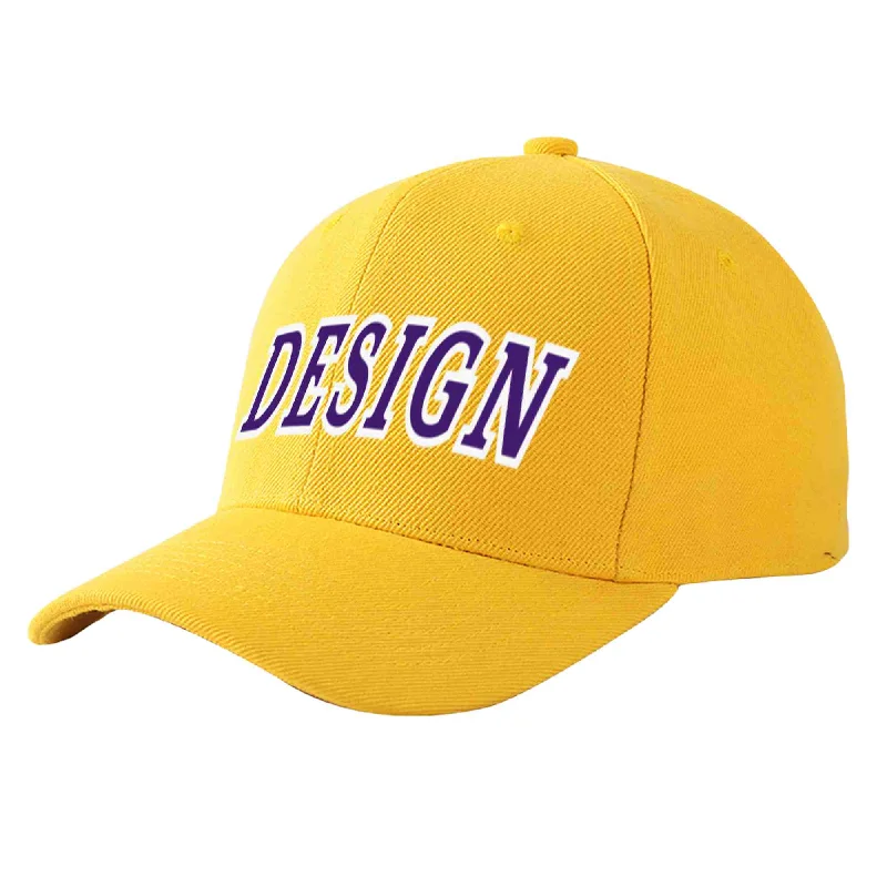 Custom Gold Purple-White Curved Eaves Sport Design Baseball Cap