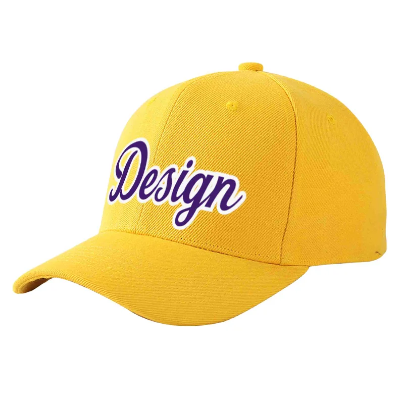 Custom Gold Purple-White Curved Eaves Sport Design Baseball Cap