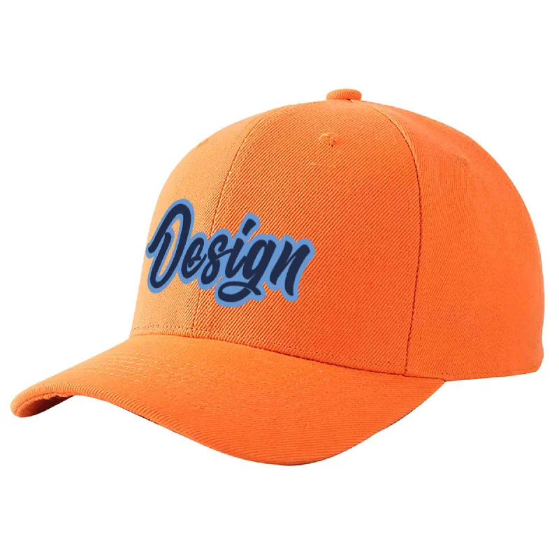 Custom Orange Navy-Light Blue Curved Eaves Sport Design Baseball Cap