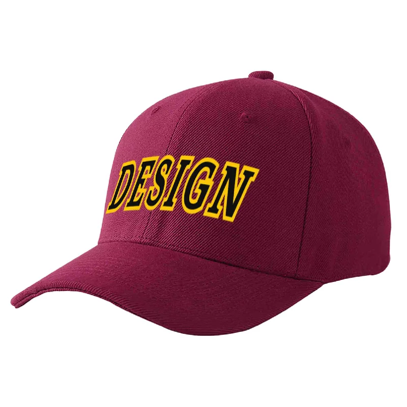 Custom Red Wine Black-Gold Curved Eaves Sport Design Baseball Cap