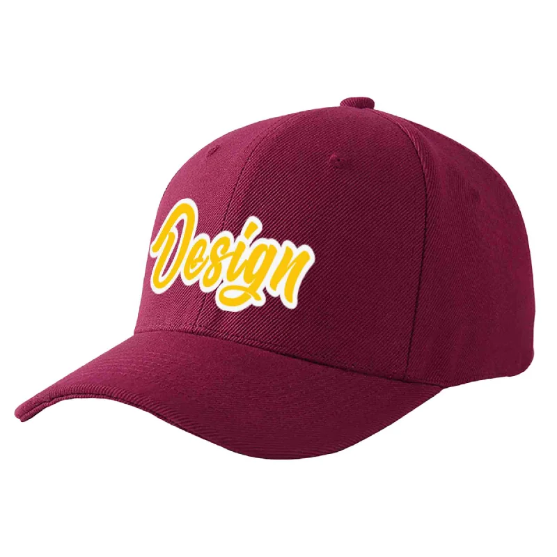 Custom Red Wine Gold-White Curved Eaves Sport Design Baseball Cap