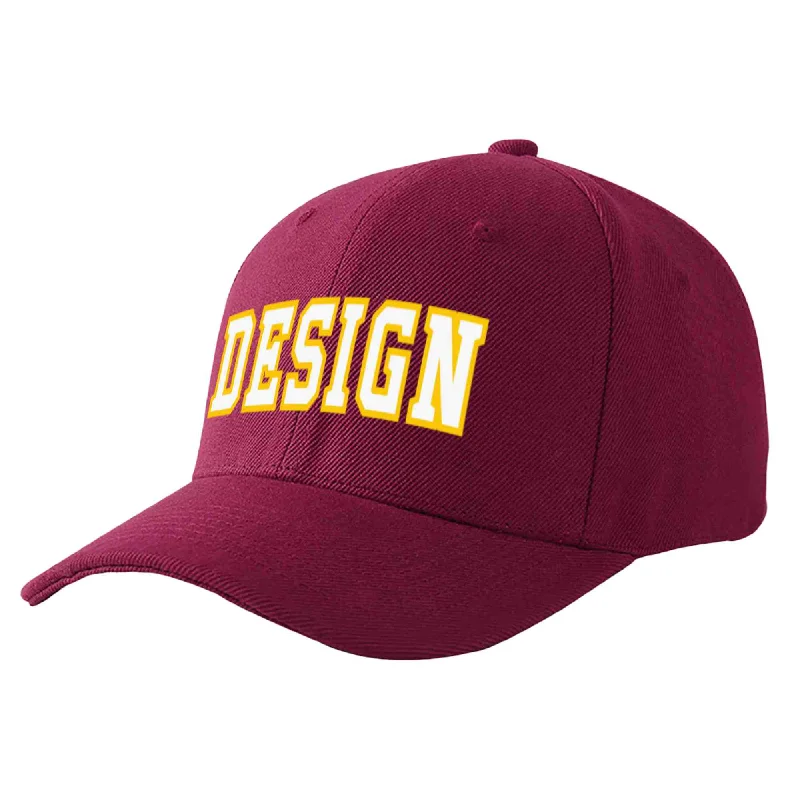 Custom Red Wine White-Gold Curved Eaves Sport Design Baseball Cap