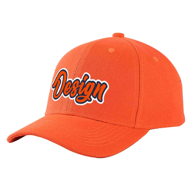 Custom Tangerine Orange-Navy Curved Eaves Sport Design Baseball Cap