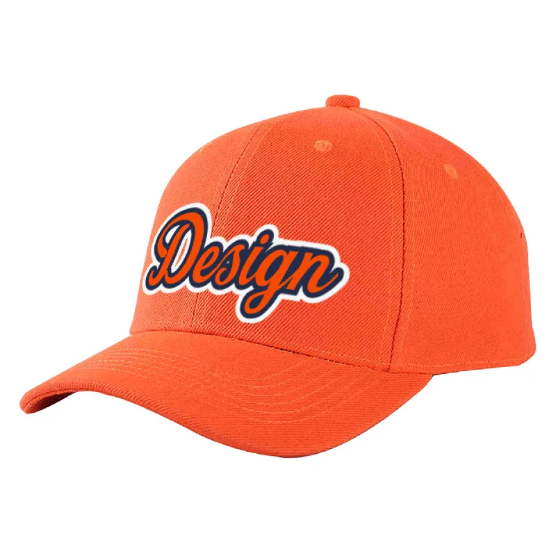 Custom Tangerine Orange-Navy Curved Eaves Sport Design Baseball Cap