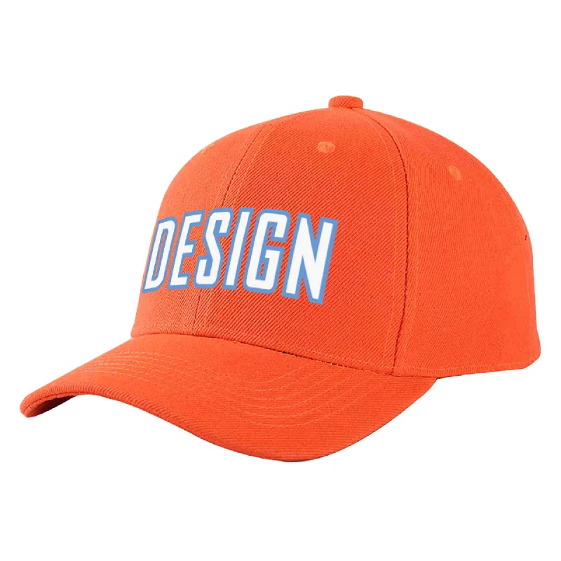 Custom Tangerine White-Light Blue Curved Eaves Sport Design Baseball Cap