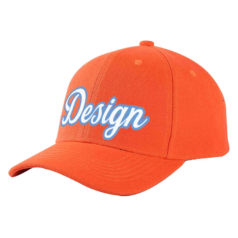 Custom Tangerine White-Light Blue Curved Eaves Sport Design Baseball Cap