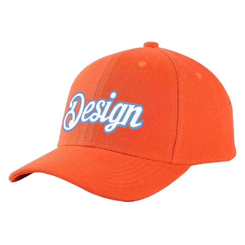 Custom Tangerine White-Light Blue Curved Eaves Sport Design Baseball Cap